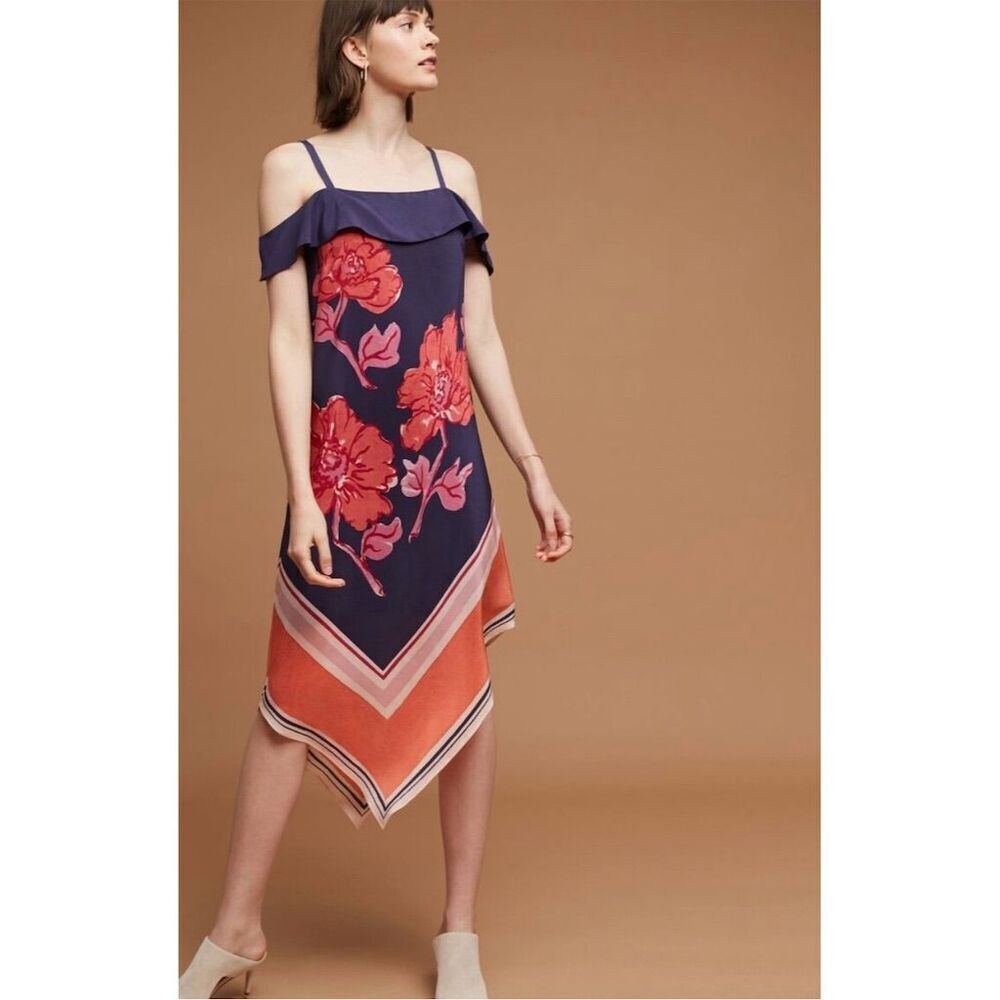 Moulinette Soeurs‎ XS Floral Silk Midi Dress Off Shoulder Anthropologie